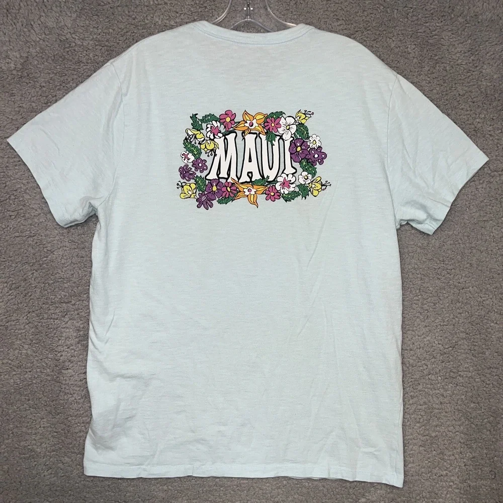 J Crew T Shirt Men's Size L Blue Aloha Maui Hawaii Floral Slub Pocket 2-Side Tee
